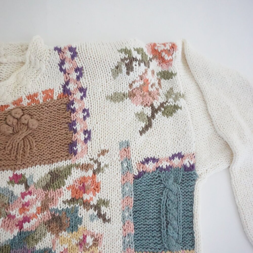 Vintage Heirloom Collectibles Floral Patchwork Cottage Knit Sweater Ivory Pink L - Picture 9 of 12